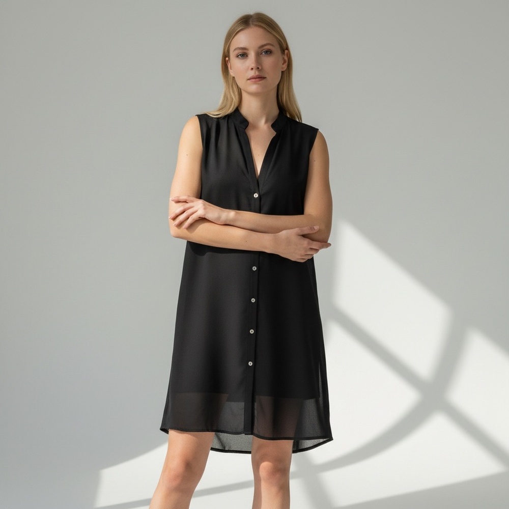 Vtg 90s Y2K Adrienne Sleeveless Button Front Mini Shirt Dress Black Small